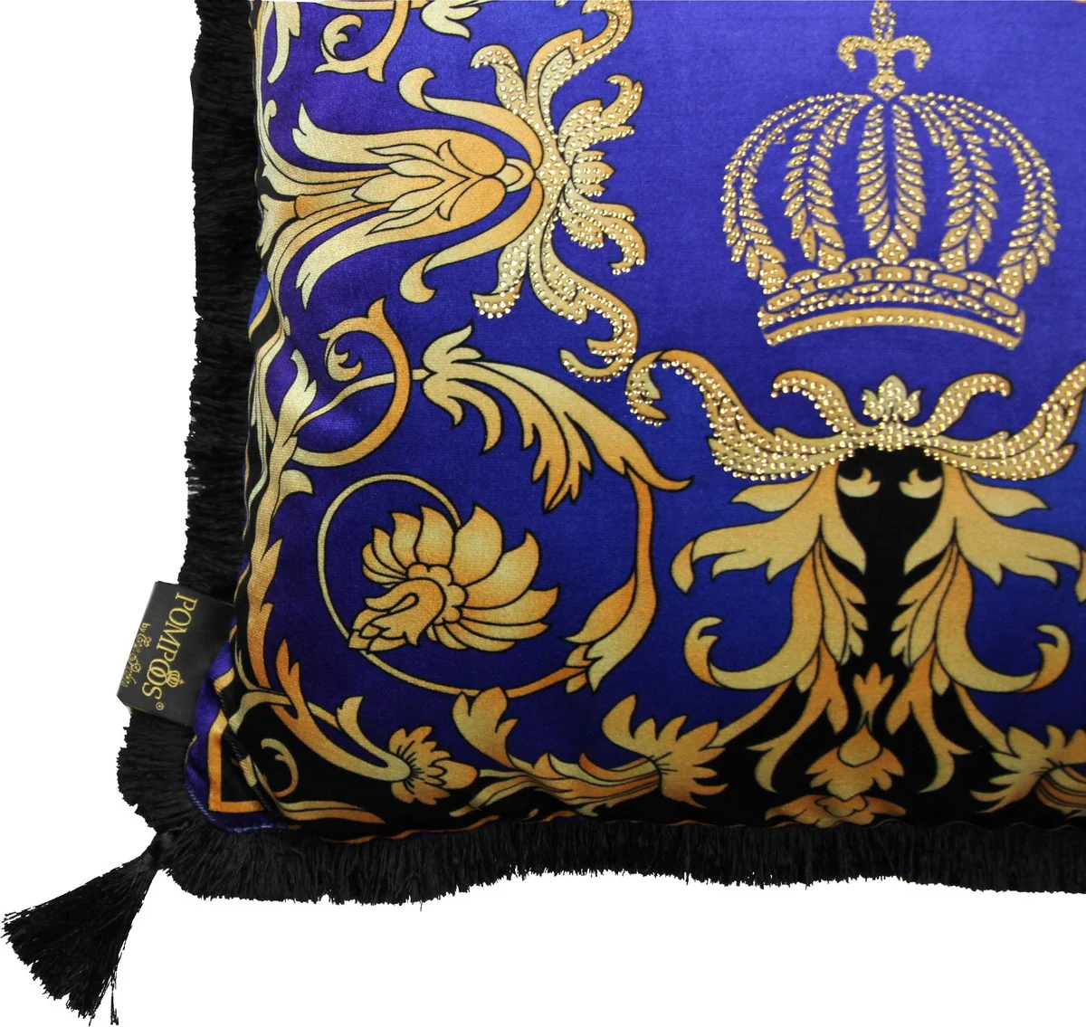Harald Glööckler luxury decorative baroque cushion Pompöös by blue / gold crown deluxe with rhinestones and tassels - Glööckler cushion
