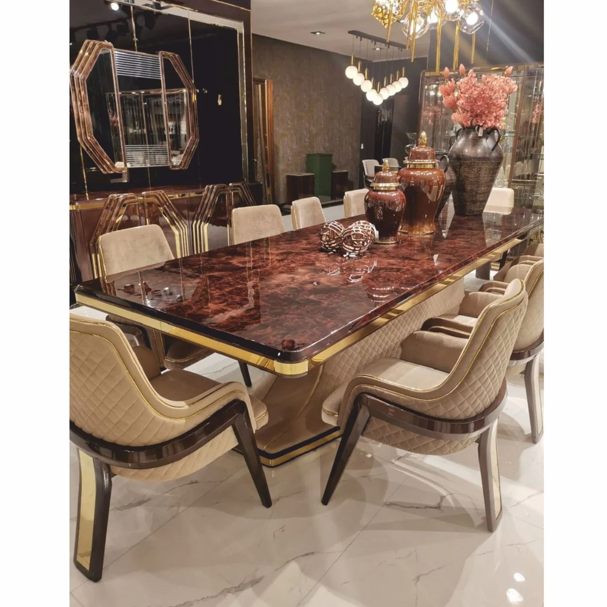 Luxury Art Deco Dining Room Set - Dining Table & 6 Dining Room Chairs with Armrests