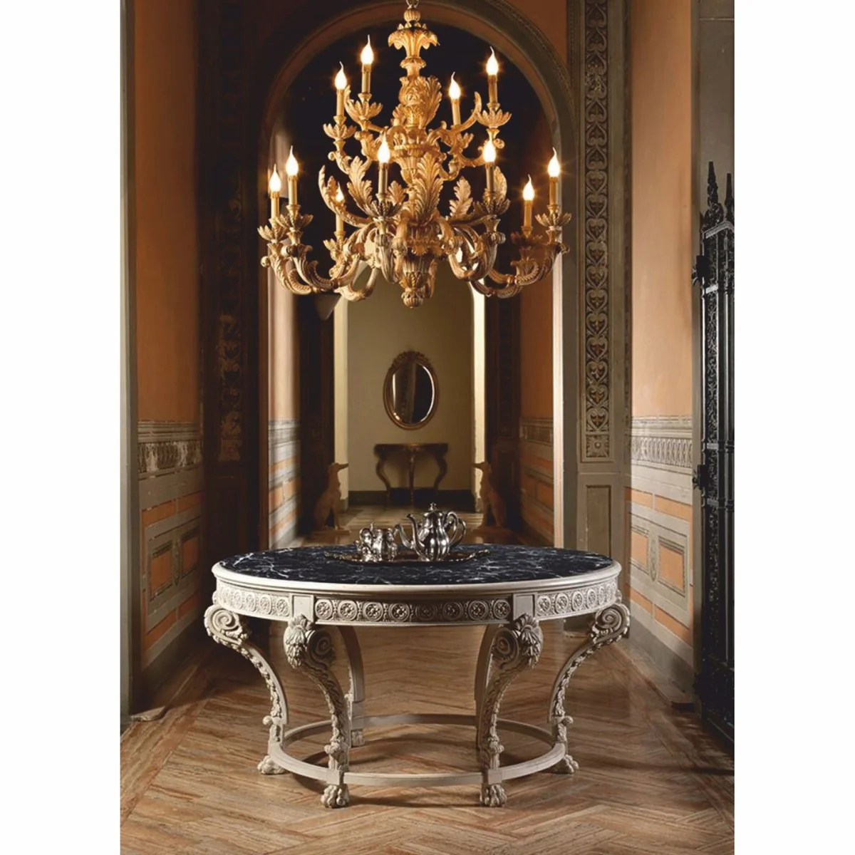 Luxury baroque dining table with marble top gray / black Ø 142 cm - Made in Italy