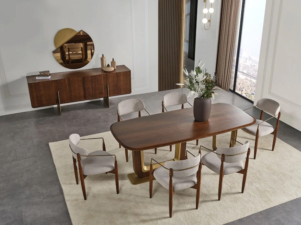Luxury dining room set gray / brown / brass - 1 luxury dining room table & 6 luxury dining room chairs with armrests - dining room furniture - restaurant furniture - luxury furniture - luxury furnishings