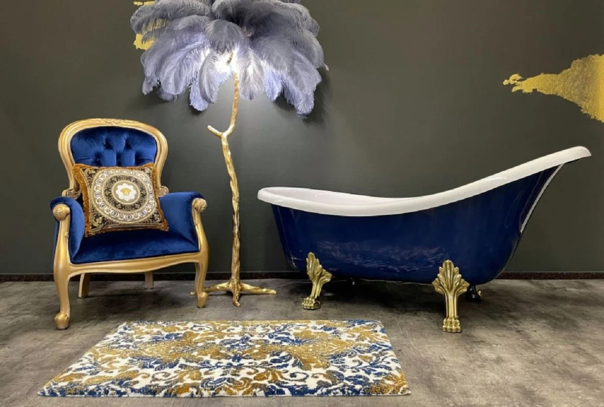 Luxury Art Nouveau bathtub sapphire blue / white / gold 174 x 83 x H. 81 cm - Freestanding retro bathtub with lion feet - Retro bathroom furniture