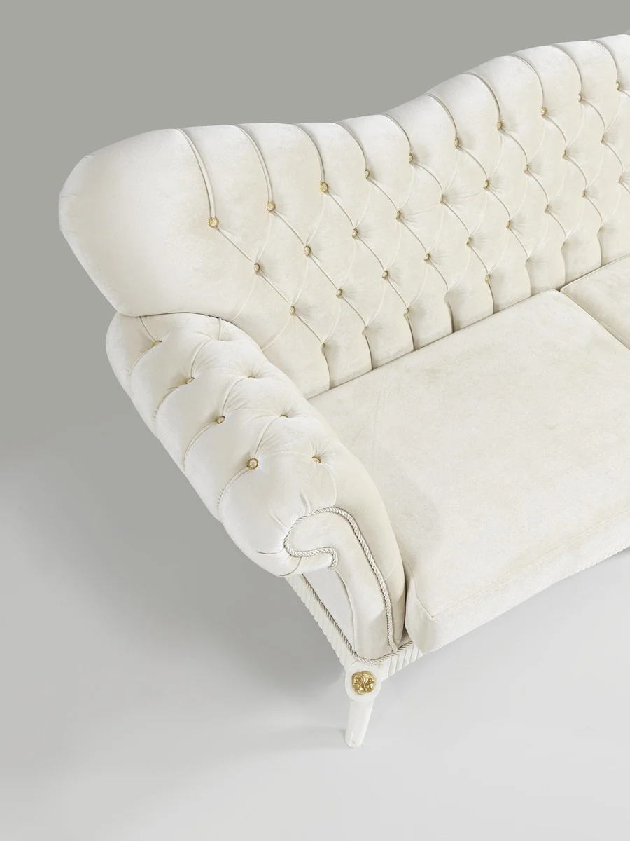 Baroque sofa cream / white / gold 224 x 83 x H. 112 cm - living room sofa with glittering stones - noble baroque furniture