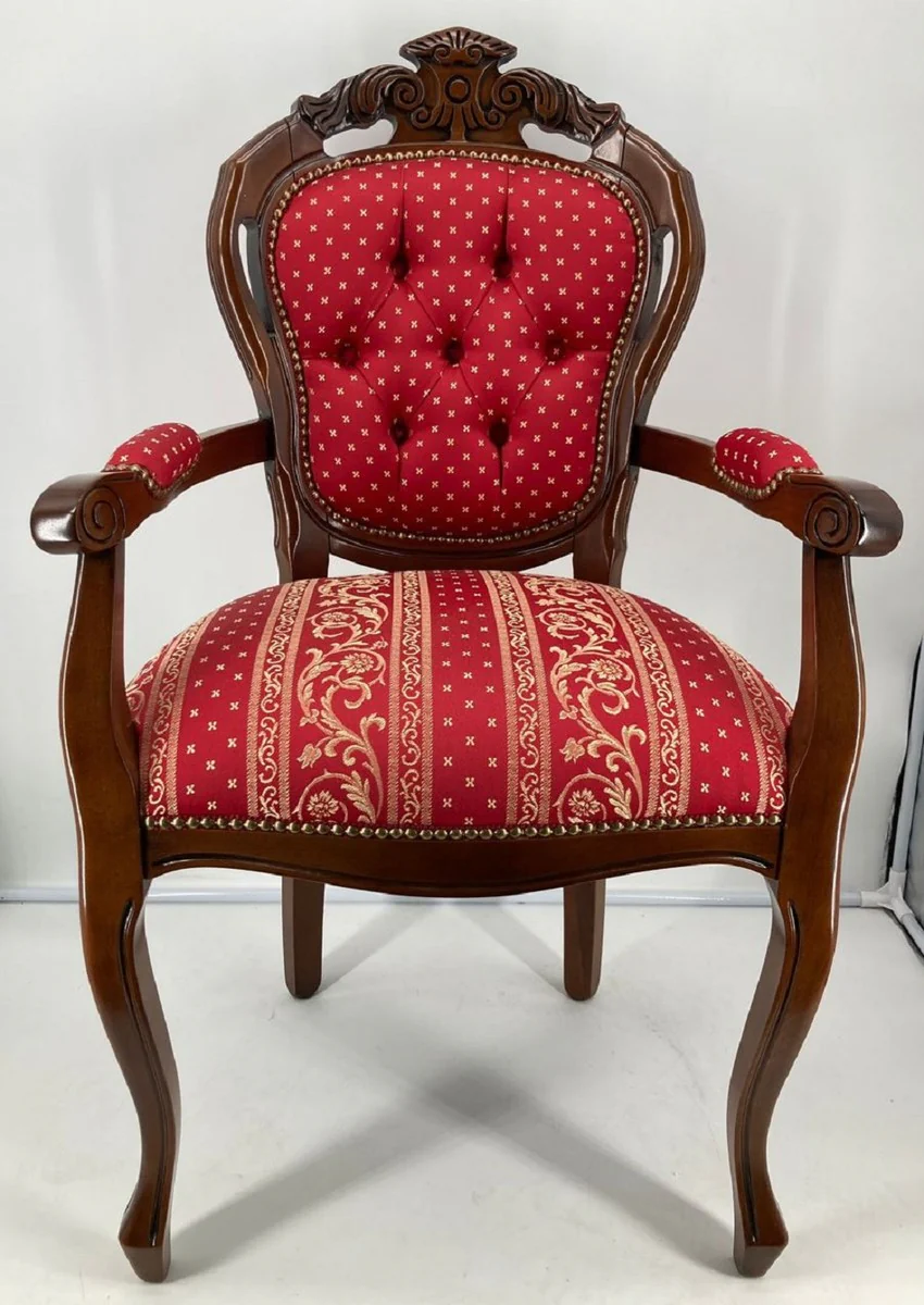 Luxury Baroque dining room chair with armrests Bordeaux red / gold / brown - Magnificent chair with an elegant pattern - Baroque dining room furniture - Luxury quality - Made in Italy