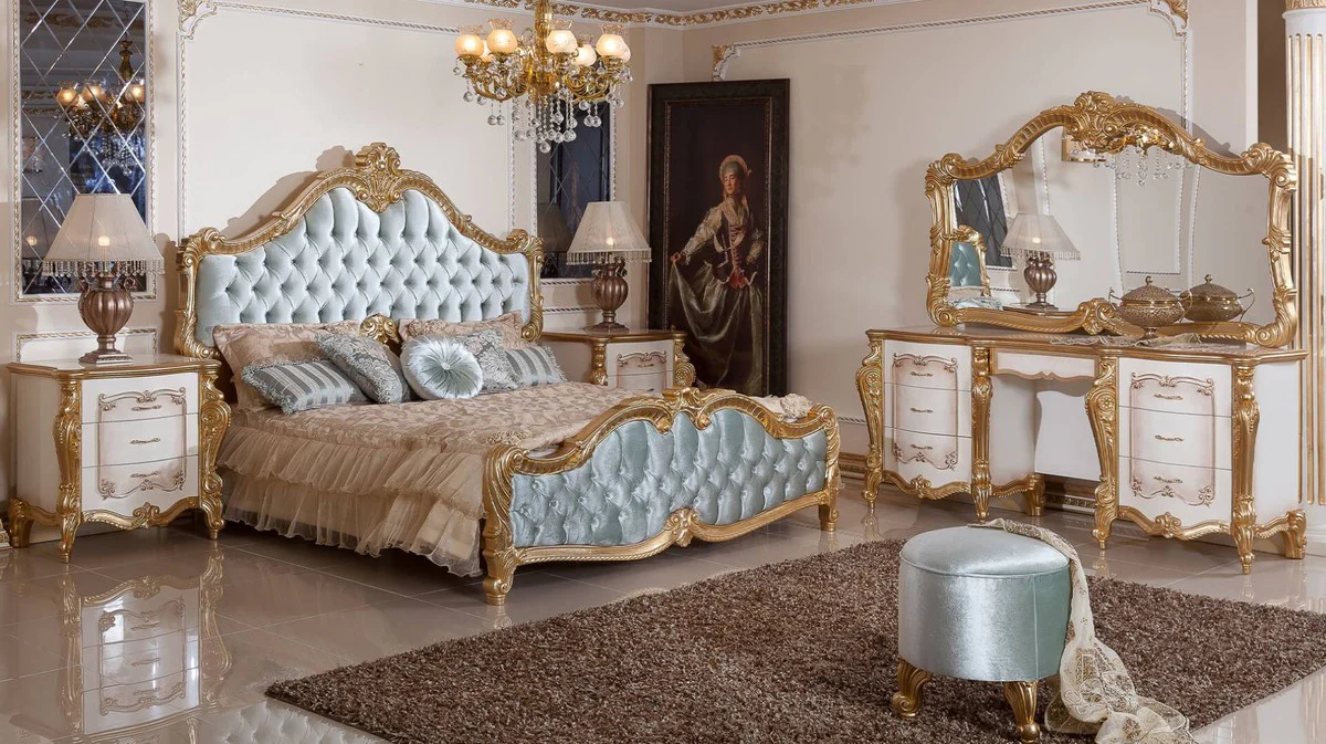 Luxury baroque bedroom set turquoise / white / brown / gold - 1 double bed with headboard & 2 bedside tables - baroque bedroom furniture - luxury furniture in baroque style - noble & magnificent