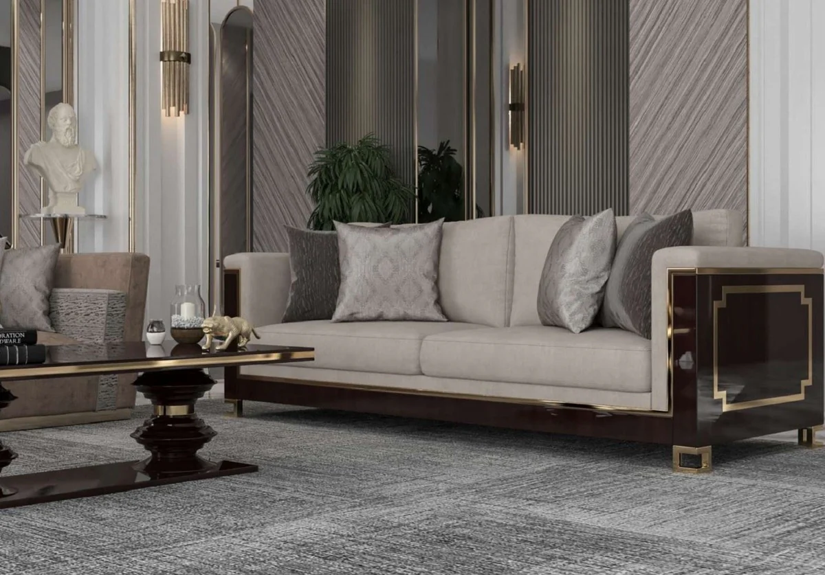 Luxury Art Deco sofa light gray / dark brown high gloss / gold - handmade solid wood living room sofa with elegant velvet fabric - luxury quality - Art Deco furniture