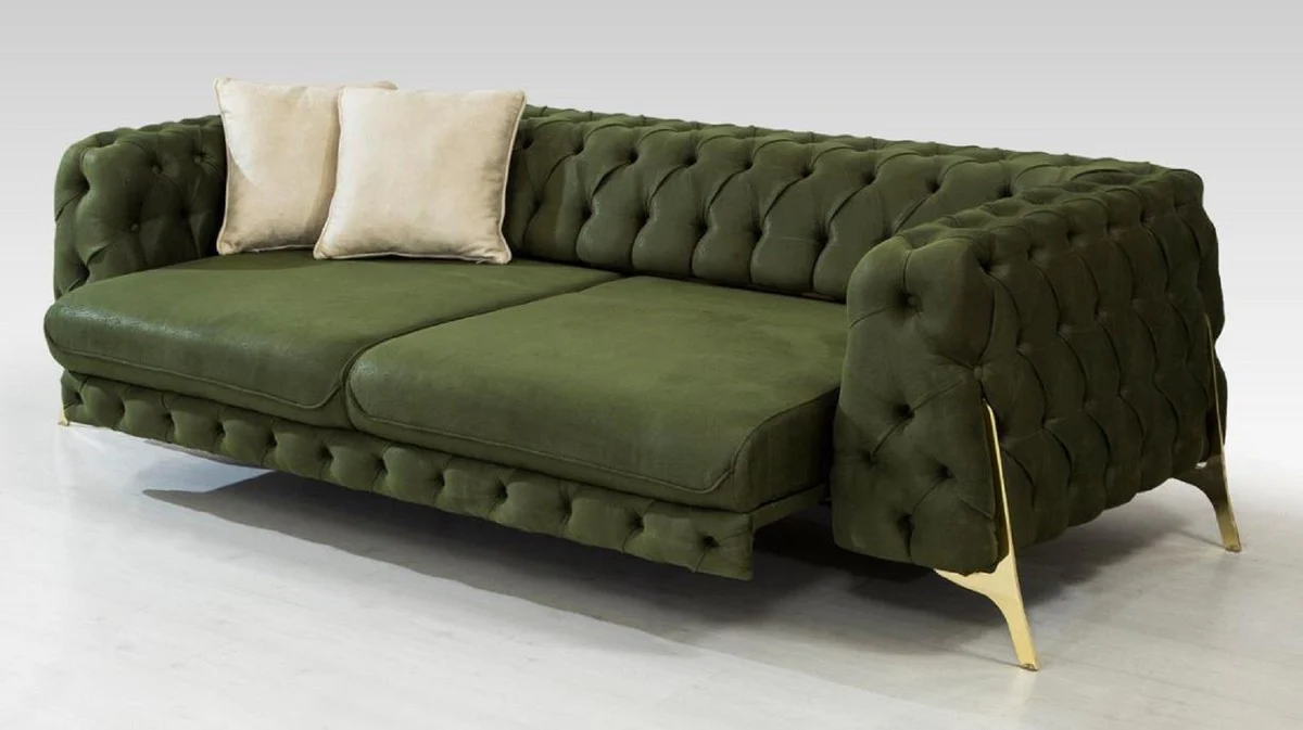 Luxury Chesterfield sofa bed dark green / gold 250 x 95 x H. 72 cm - Modern living room sofa - Chesterfield living room furniture
