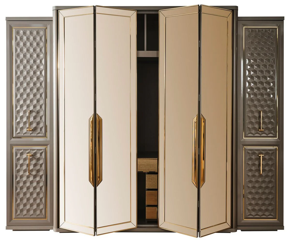Luxury Art Deco bedroom wardrobe gray / gold 280 x 60 x H. 229 cm - Mirrored wardrobe with 4 doors - Bedroom furniture - Art Deco furniture - Luxury furniture - Luxury furnishings