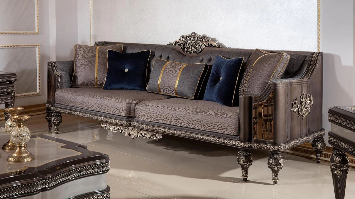 Luxury Baroque Living Room Set Gray / Dark Brown / Gold - 2 Sofas & 2 Armchairs & 1 Coffee Table & 2 Side Tables - Handcrafted Living Room Furniture in Baroque Style - Noble & Magnificent