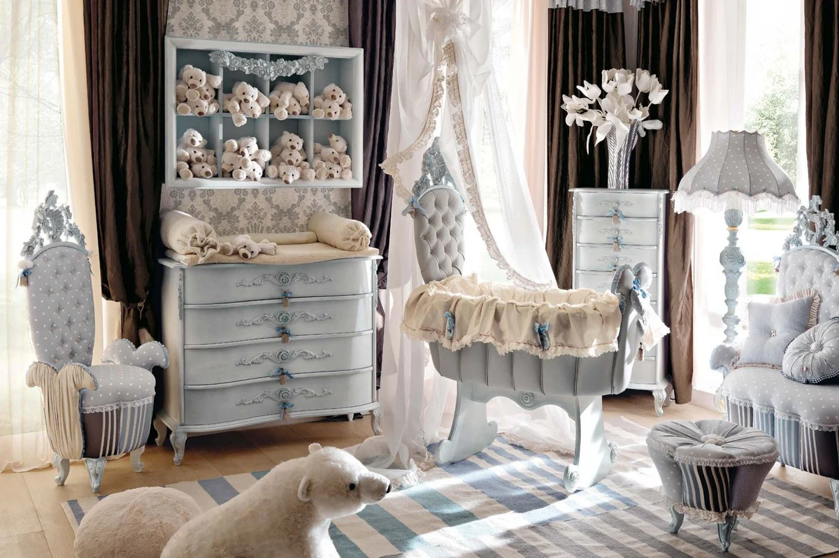 Luxury Baroque Rocking Baby Bed Gray / Light Blue - Magnificent Solid Wood Baby Rocking Bed - Baroque Baby Furniture - First Class Quality - Made in Italy