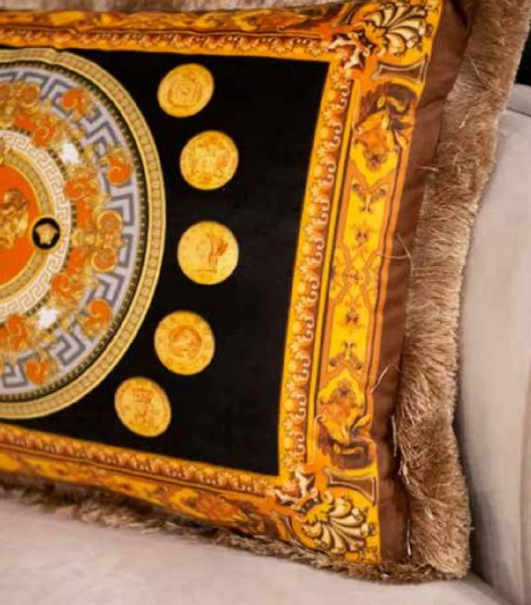 Luxury Baroque Velvet Cushion Vase and Coins Black / Gold / Brown 50 x 35 cm - Printed Decorative Cushion with Fringes - Baroque Decorative Accessories
