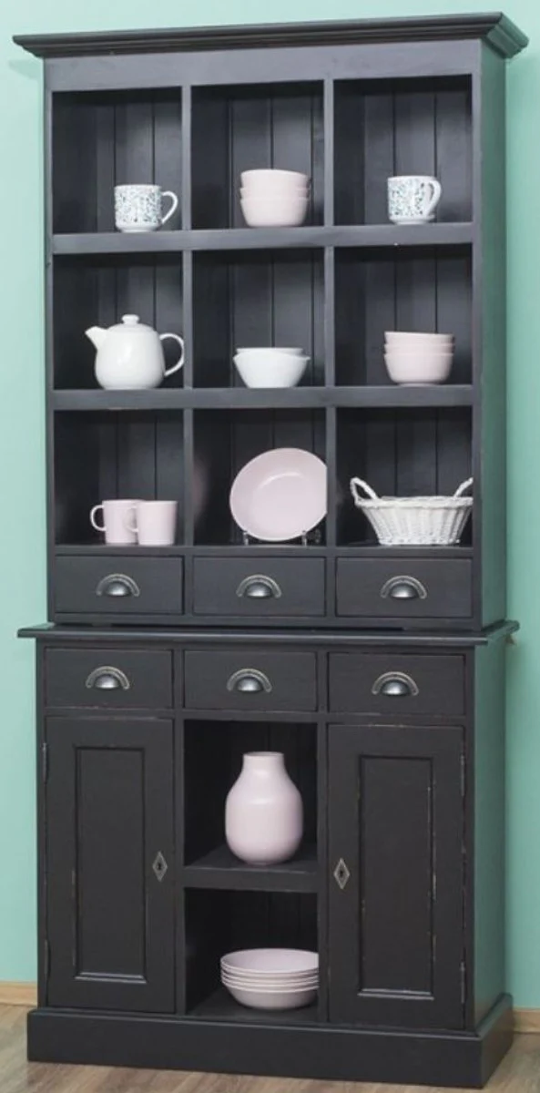 Country house style cabinet antique black 97 x 40 x H. 210 cm - solid wood shelf cabinet with 2 doors and 6 drawers - furniture in country house style