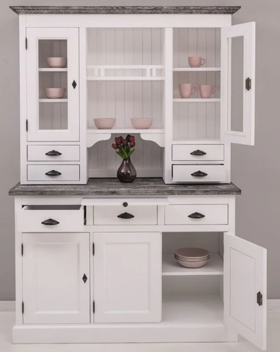 Country house style kitchen cabinet white / dark gray 138 x 50 x H. 197 cm - 2-part kitchen cabinet with 5 doors and 7 drawers - country house style kitchen furniture