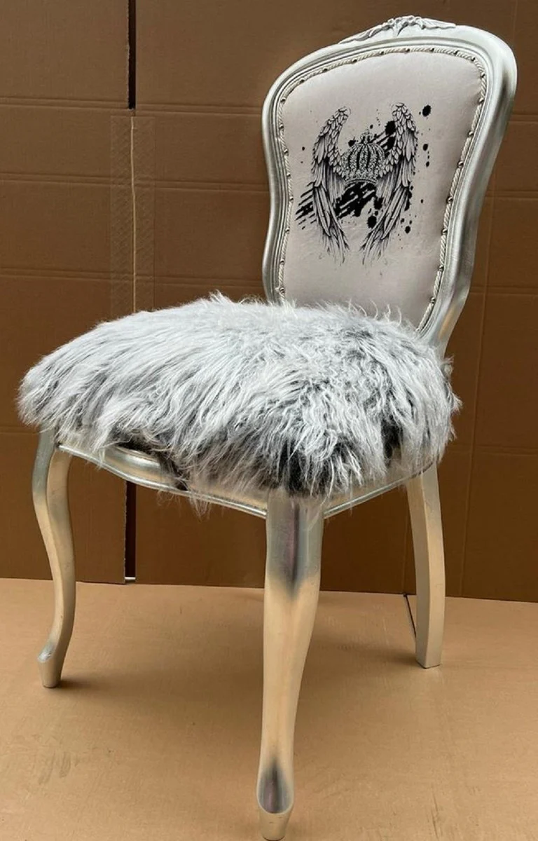 Pompöös by Luxury Baroque Dining Room Chair Crown with Faux Fur and Glitter Stones Gray / White / Silver - Pompööser Baroque Chair designed by Harald Glööckler