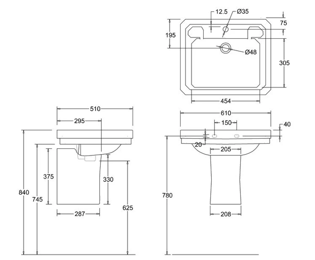 Luxury washbasin with half pedestal 61 x 51 x H. 50 cm - Porcelain washbasin