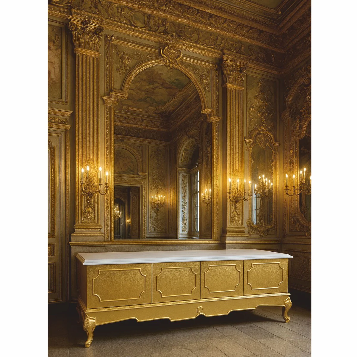 Luxury Baroque TV Cabinet Gold / White 200 cm - Baroque Living Room Furniture