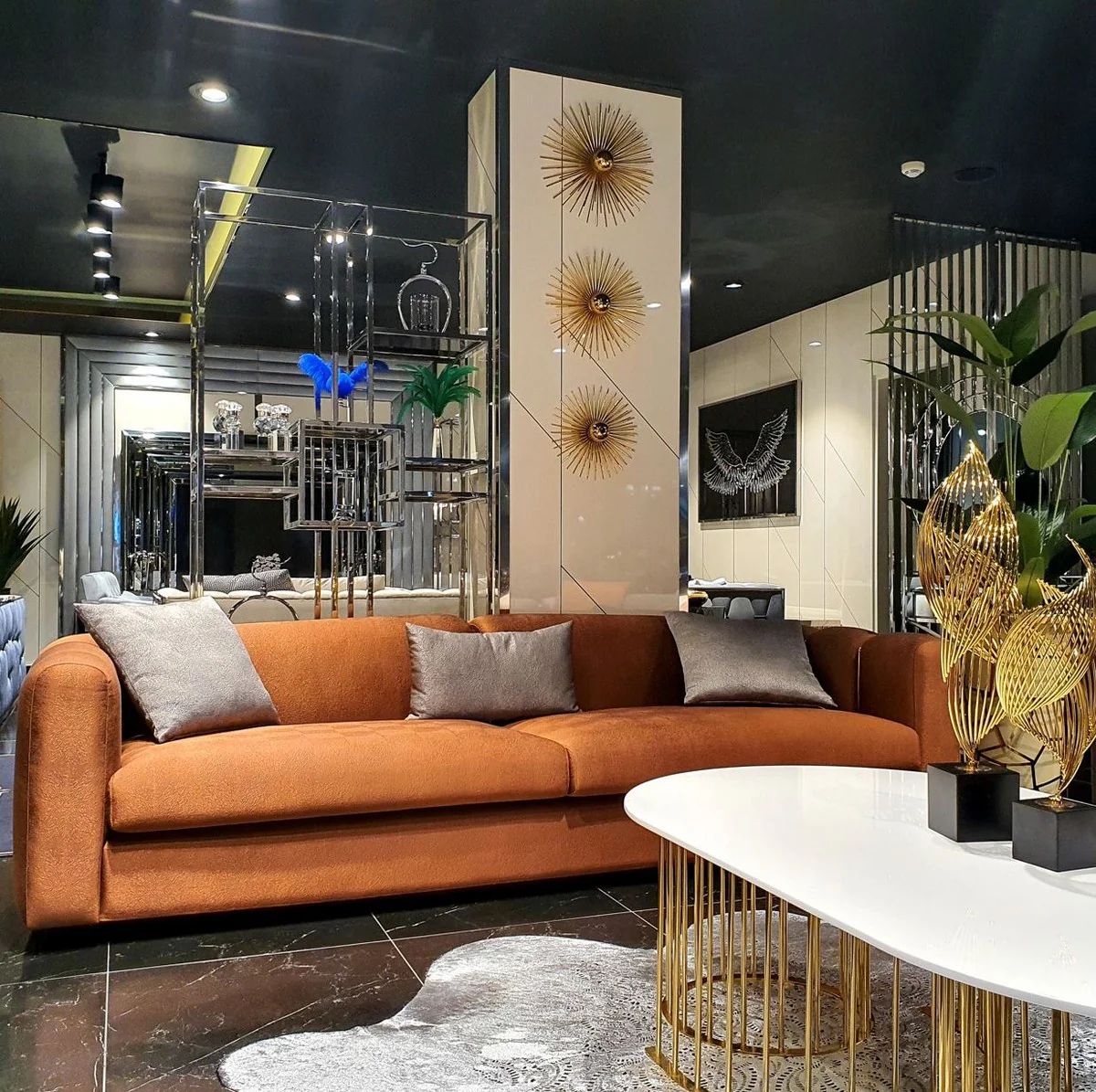 Luxury sofa orange / gold 240 x 95 x H. 85 cm - living room sofa - hotel sofa - luxury furniture