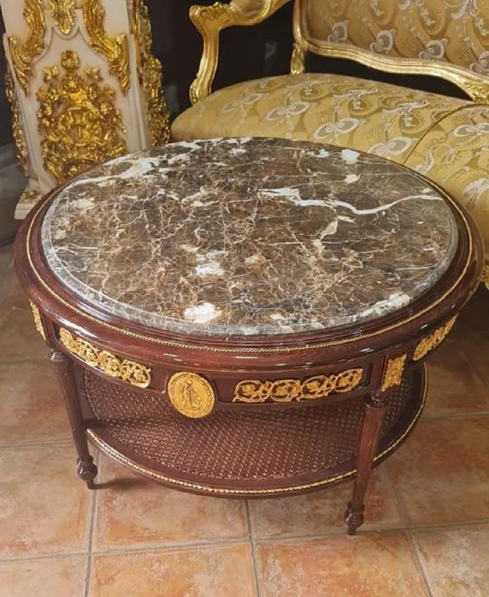Baroque coffee table with marble top brown / gold / gray - round solid wood living room table in baroque style - baroque style living room furniture - baroque furniture - antique style living room furniture