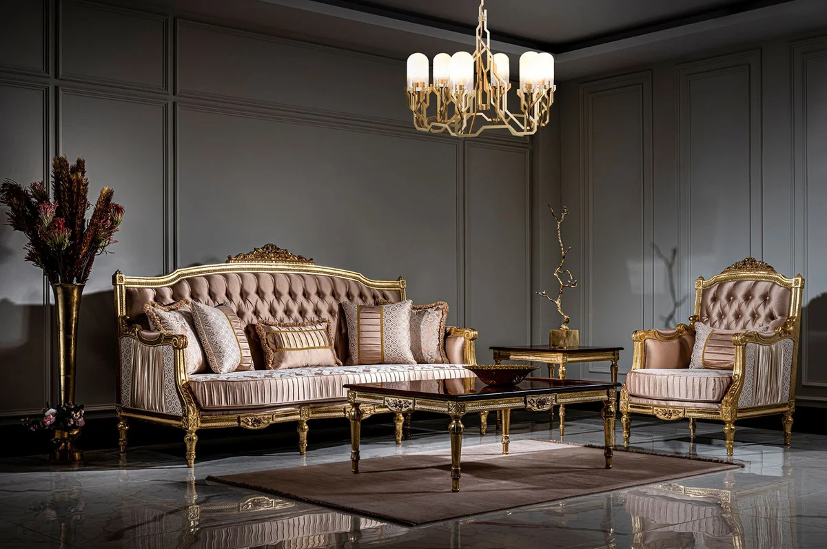 Luxury Baroque Sofa Pink / White / Gold - Handmade Living Room Sofa with Decorative Pillows - Baroque Furniture