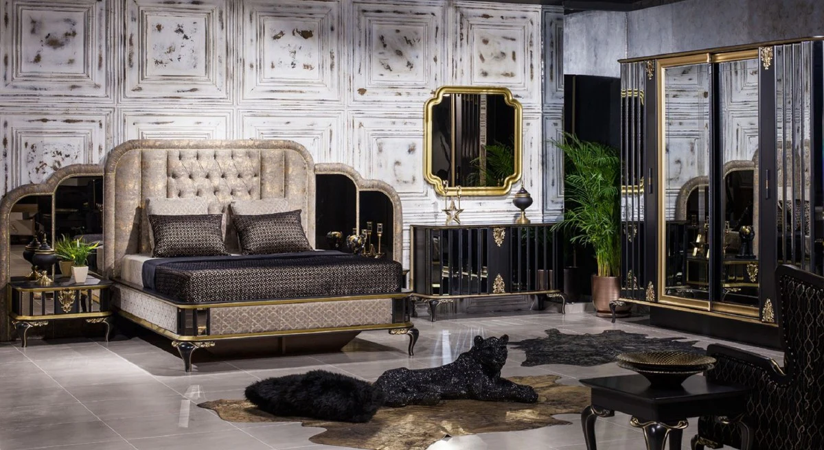 Luxury Baroque Bedroom Wardrobe Black / Gold - Mirrored Solid Wood Wardrobe in Baroque Style - Baroque Bedroom Furniture - Noble & Magnificent