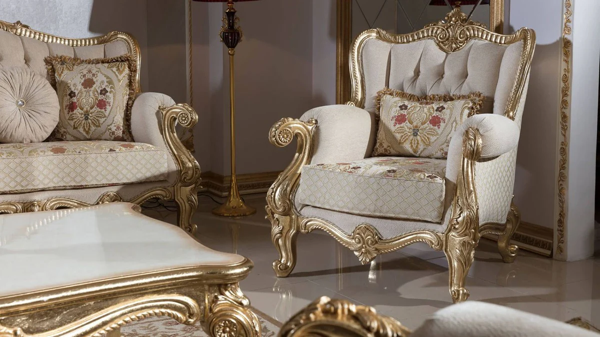 Luxury Baroque Sofa Gray / Multicolored / Gold 245 cm