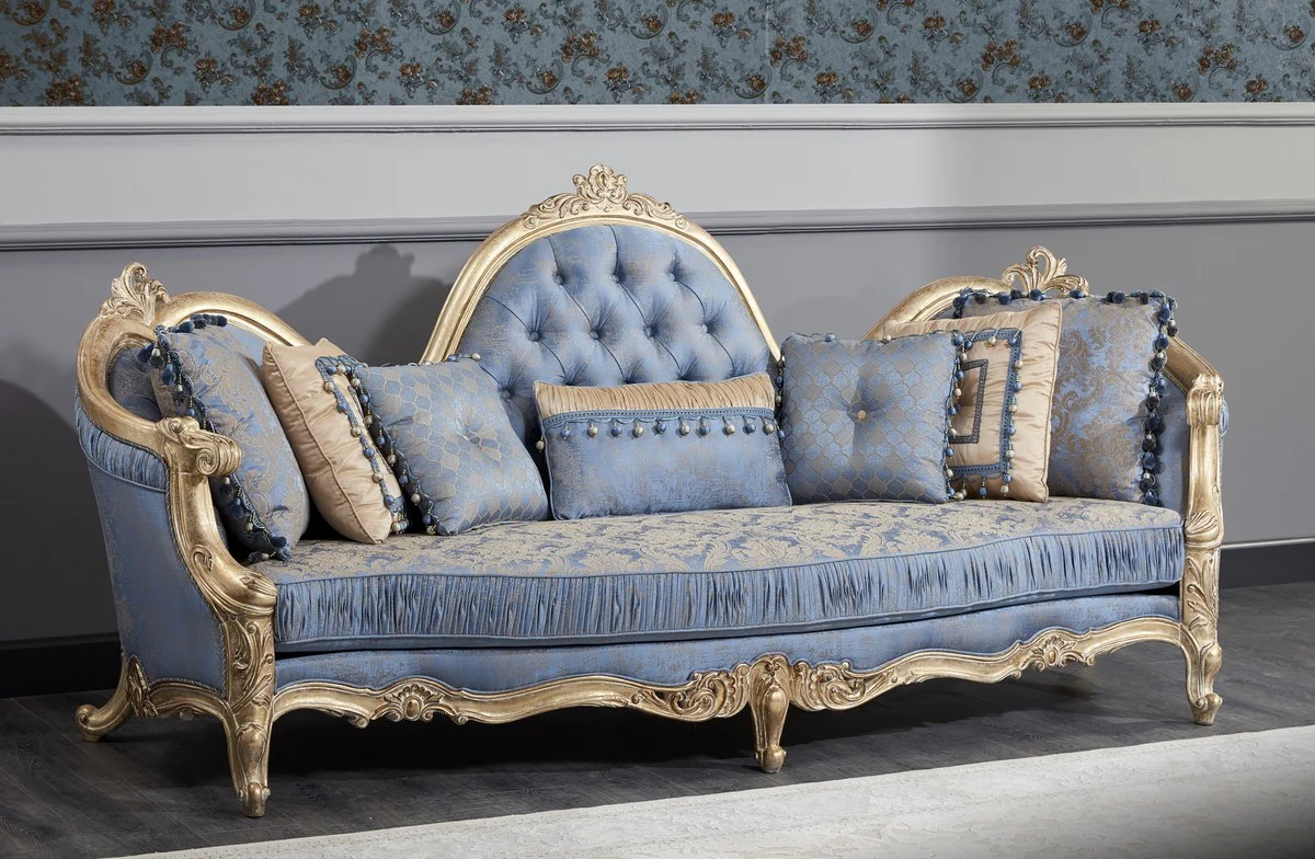 Luxury Baroque Chesterfield Sofa Light Blue / Antique Gold 300 x 90 x H. 119 cm - Magnificent Baroque Living Room Sofa - Baroque Furniture