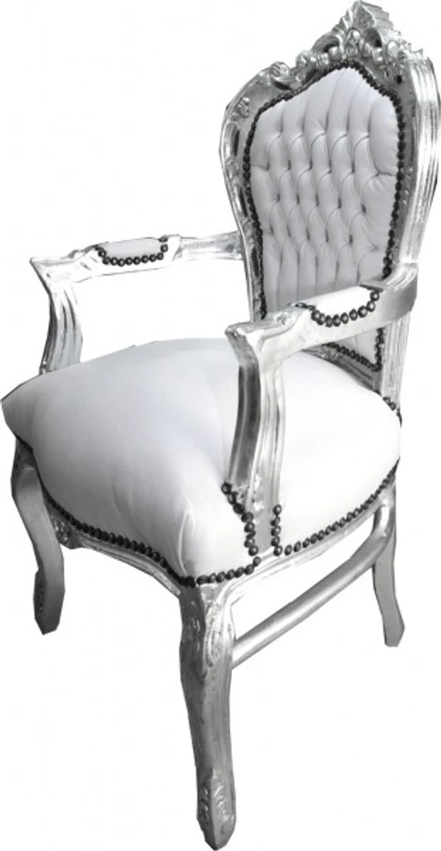 Baroque dining room chair with armrests white / silver leather look - furniture antique style