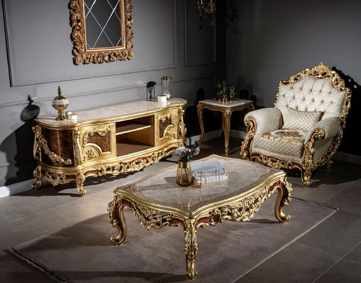 Luxury baroque coffee table beige / cream / gold / brown - magnificent solid wood living room table in baroque style - magnificent baroque furniture