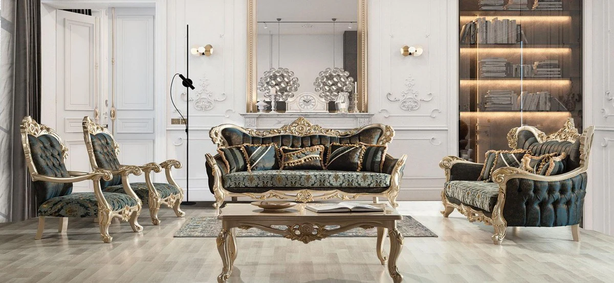 Luxury Baroque Living Room Set Dark Blue / Turquoise / Silver / Gold - 2 Baroque Sofas with Pattern & 2 Baroque Armchairs with Pattern & 1 Baroque Coffee Table - Baroque Living Room Furniture