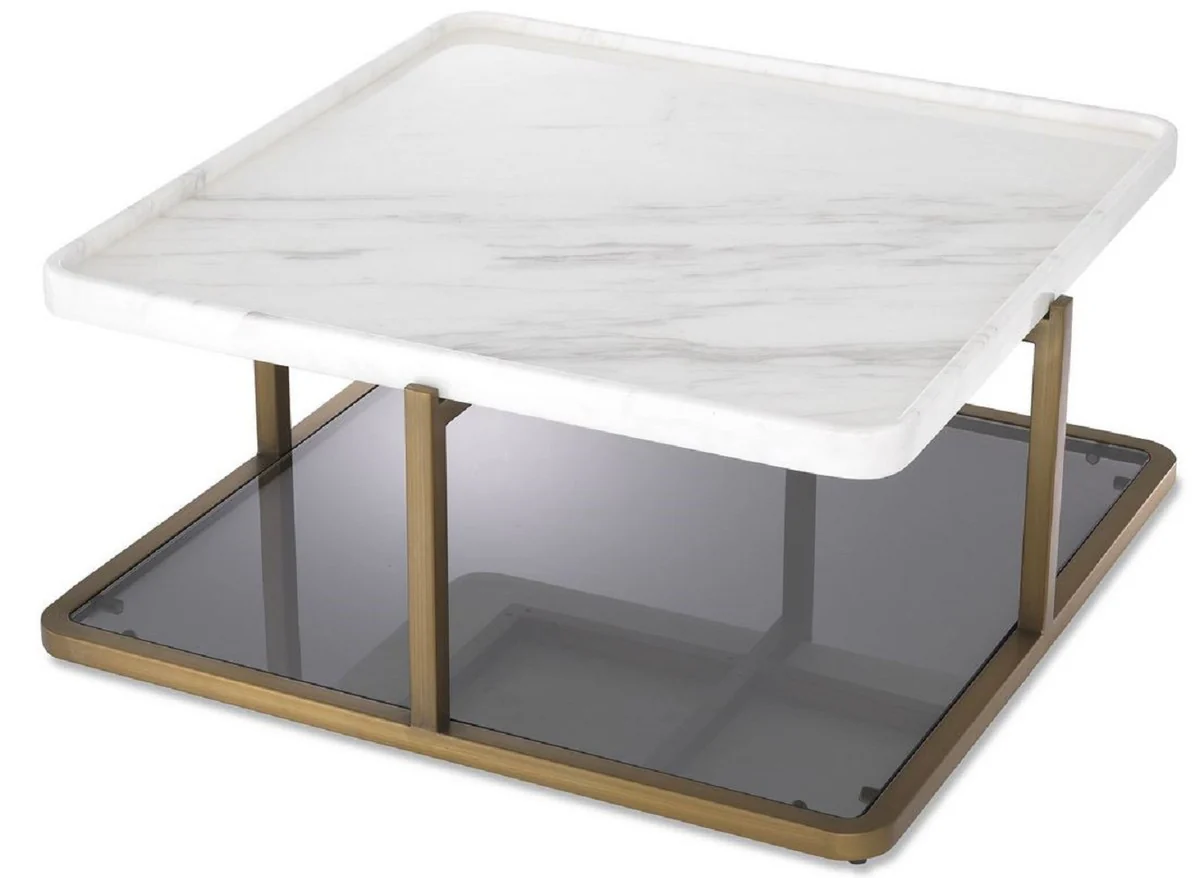 Luxury coffee table brass / white / gray 58 x 58 x H. 27.5 cm - Modern stainless steel living room table with marble top and tinted glass top - Luxury furniture