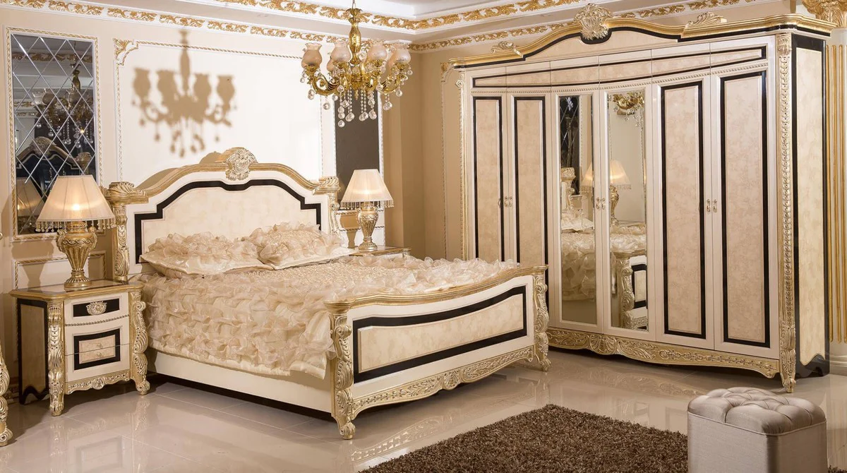 Luxury baroque double bed white / beige / black / gold - magnificent baroque style bed - luxury bedroom furniture in baroque style - baroque bedroom furniture - baroque furnishings