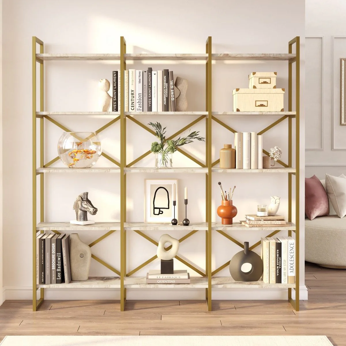 Luxury shelf cabinet with marble shelves gold / white 170 x 30 x H. 175 cm - bookcase - living room cabinet - office cabinet - living room furniture - office furniture - luxury furniture