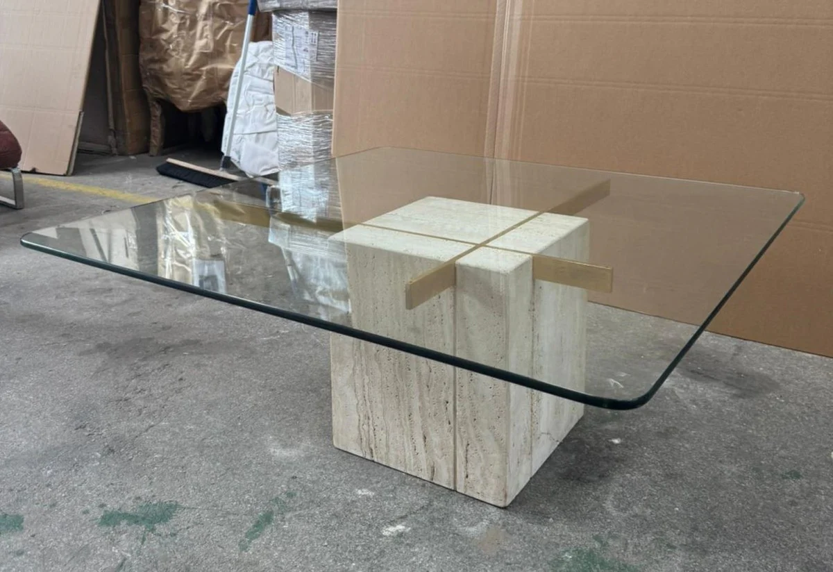 Luxury travertine coffee table with glass top beige 110 cm - luxury furniture