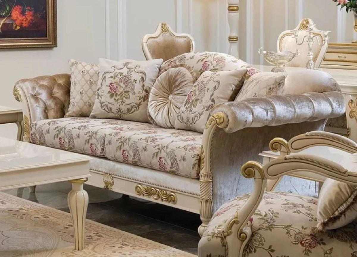 Luxury Baroque Living Room Set Cream / Pink / White / Gold - 2 Sofas & 2 Armchairs & 1 Coffee Table - Handmade Living Room Furniture in Baroque Style - Noble & Magnificent