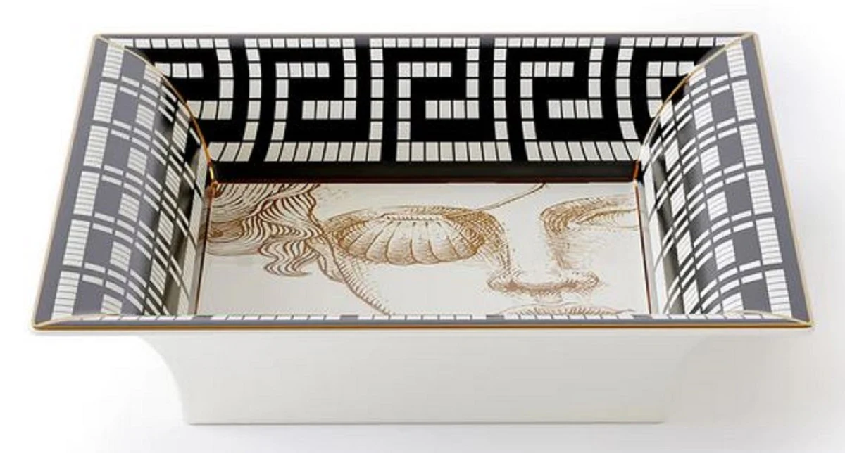 Luxury decorative bowl woman with eye patch white / black / gold 20.5 x 17.5 x H. 13.5 cm - Hand-painted porcelain bowl - Luxury quality - Made in Italy