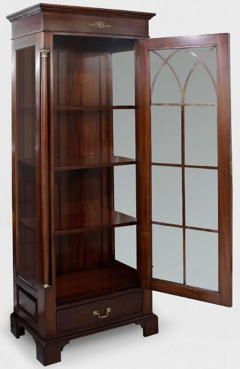 Luxury display cabinet dark brown 70 x 45 x H. 192 cm - Mahogany display cabinet with glass door and drawer - Luxury mahogany living room furniture