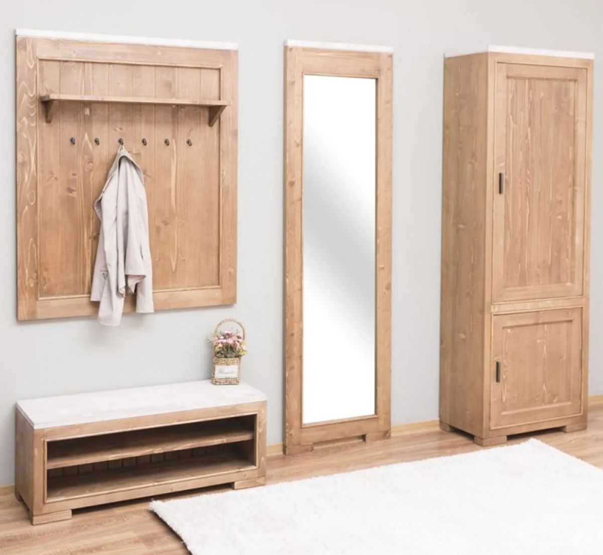 Country house style solid wood wardrobe furniture set natural colors / white - 1 wardrobe & 1 shoe cabinet & 1 wall mirror & 1 wardrobe - country house style furniture