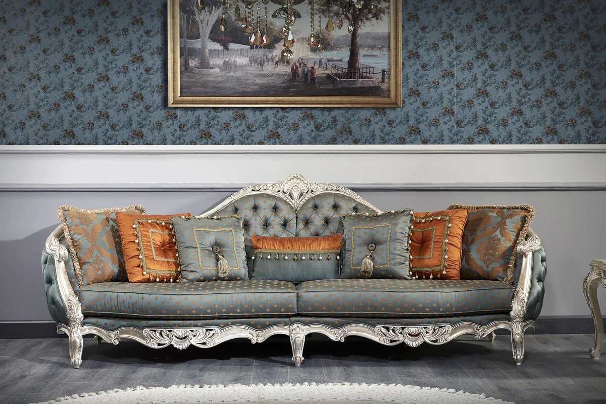 Luxury baroque sofa dark turquoise / gold / silver 310 x 99 x H. 113 cm - Magnificent Chesterfield living room sofa in the baroque style