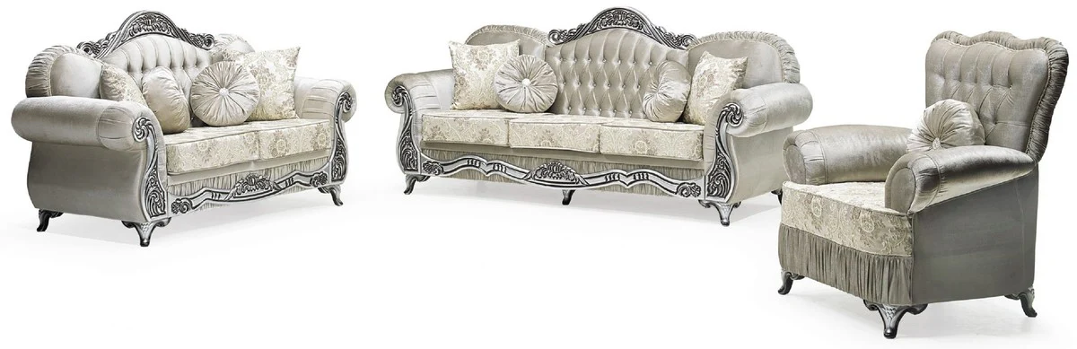 Luxury baroque 2-seater sofa gray / cream / silver / black - magnificent living room sofa with elegant pattern and glittering stones - luxury living room furniture in baroque style - baroque furniture