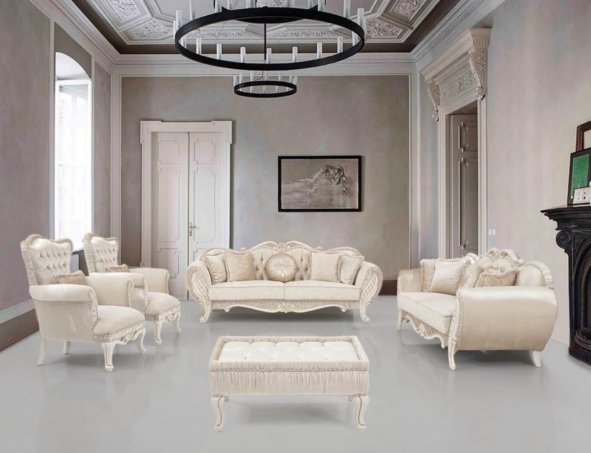 Luxury Baroque Living Room Set Beige / Cream / Gold - 2 Sofas & 2 Armchairs & 1 Side Table - Living Room Furniture in Baroque Style - Noble & Magnificent
