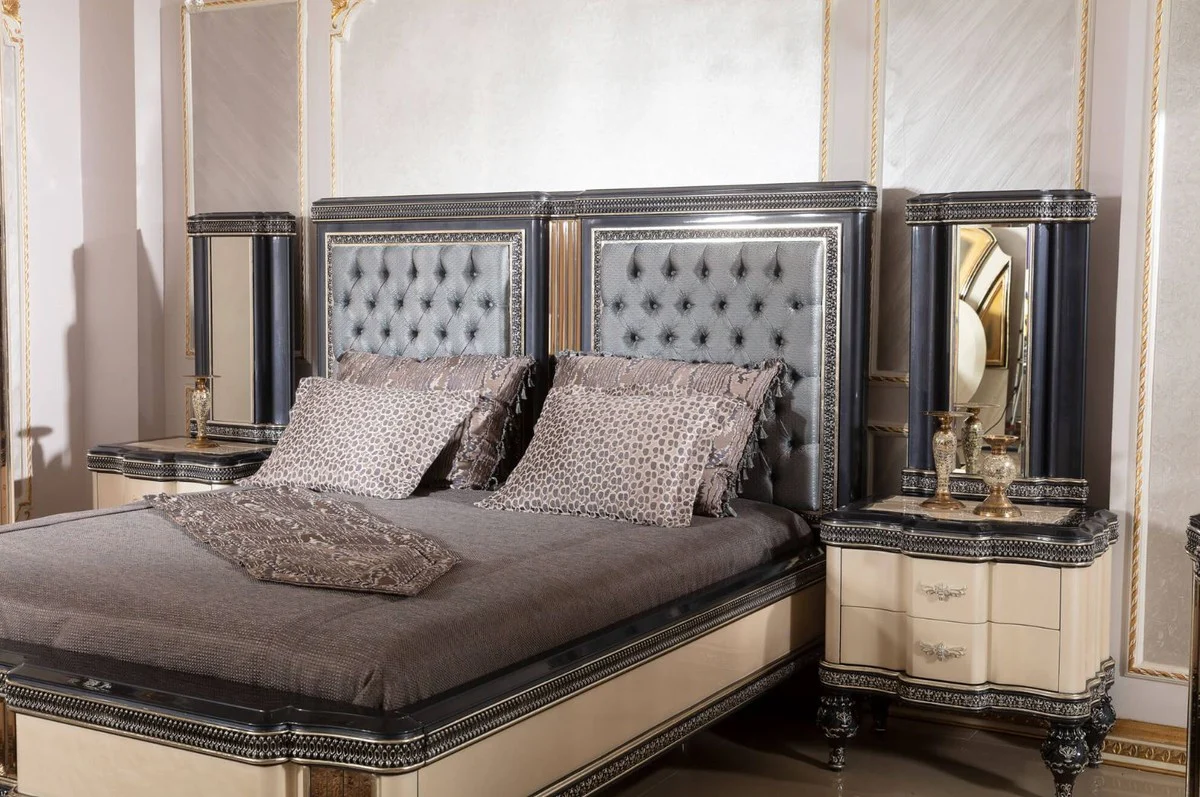 Luxury baroque double bed light blue / beige / black / gold - magnificent solid wood bed - luxury bedroom furniture in baroque style - baroque bedroom furniture