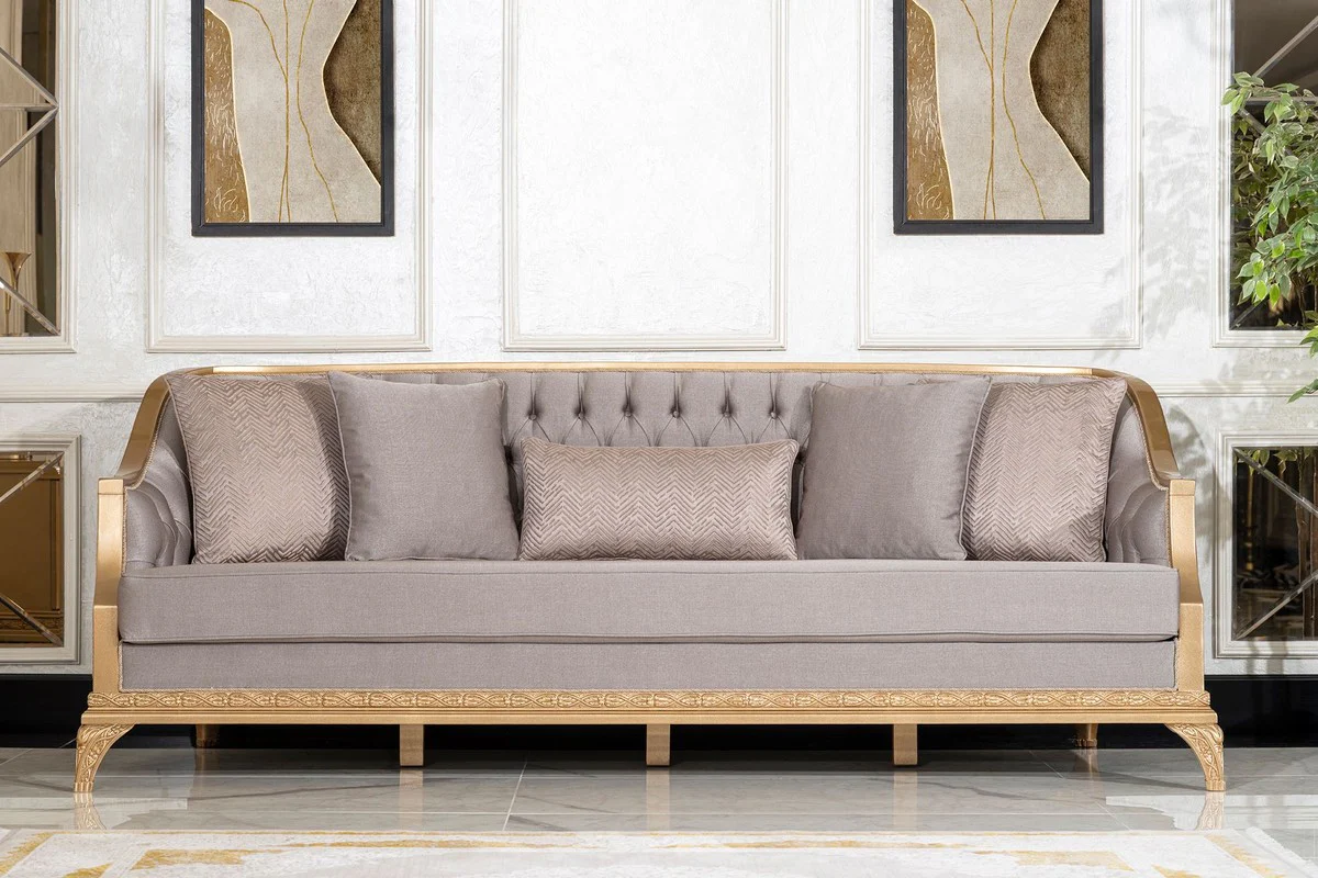 Luxury Baroque Living Room Sofa Gray / Gold - Handmade Baroque Style Sofa with Decorative Pillows - Luxury Living Room Furniture in Baroque Style - Baroque Furniture