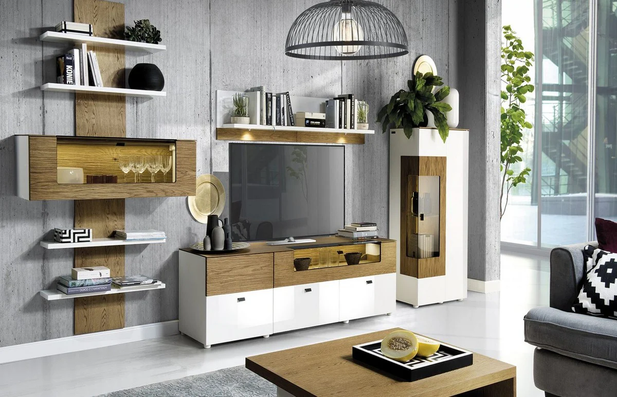 Wall shelf brown / white 110.6 x 40.4 x H. 193.4 cm - Modern illuminated solid wood wall shelf - Modern living room furniture