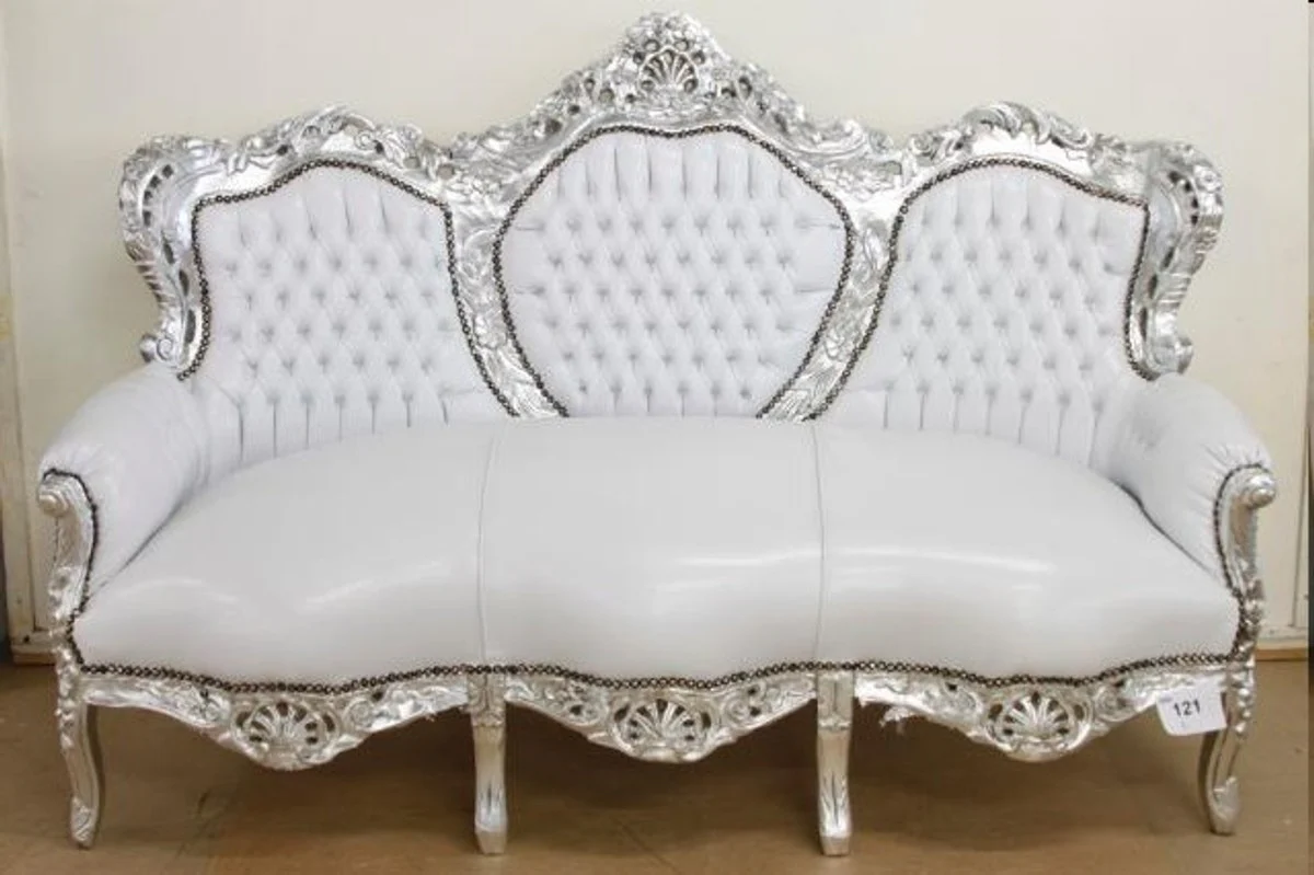 Baroque sofa set white leather look / silver + 2 armchairs - living room baroque