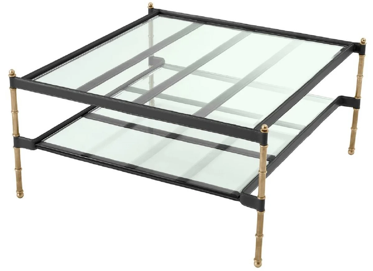 Luxury coffee table vintage brass / black 89 x 87.5 x H. 44 cm - Living room table with glass tops and real leather - Living room furniture - Hotel furniture - Luxury furniture - Luxury furnishings