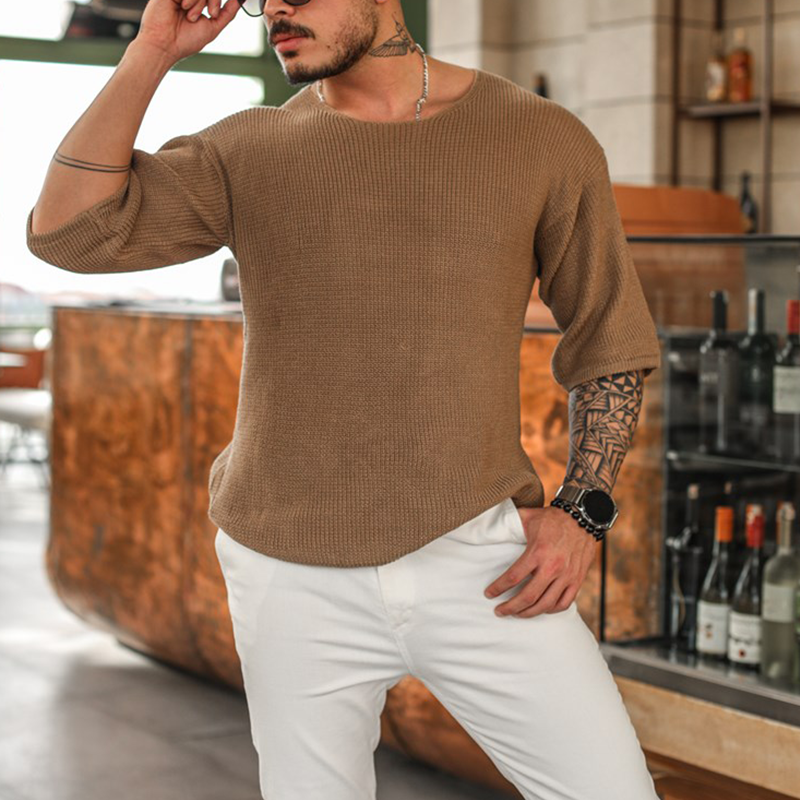 Knitted Wool 3/4 Sleeve Solid T-Shirt