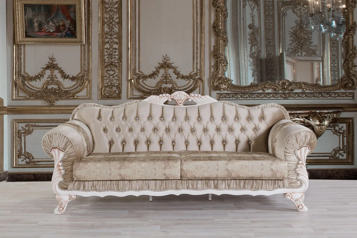 Baroque living room set brown / white / beige - 2 sofas & 2 armchairs & 1 coffee table - living room furniture in baroque style