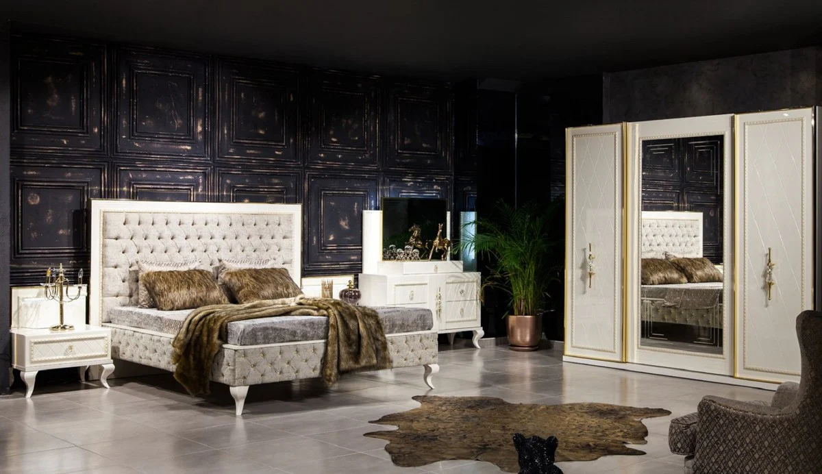 Luxury Baroque Bedroom Wardrobe White / Gold - Mirrored Solid Wood Wardrobe in Baroque Style - Baroque Bedroom Furniture - Noble & Magnificent