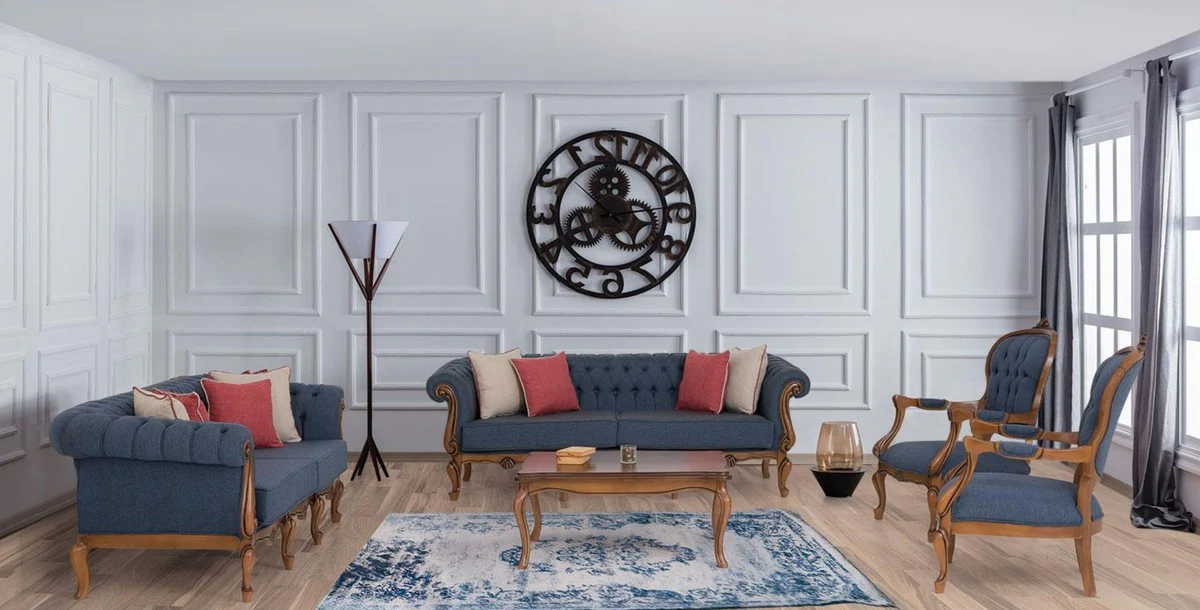 Luxury Baroque Living Room Set Blue / Brown - 2 Baroque Sofas & 2 Baroque Armchairs & 1 Baroque Coffee Table - Baroque Living Room Furniture