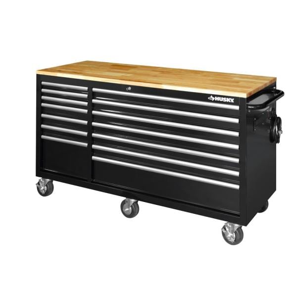 62 IN. 14-DRAWER MOBILE WORKBENCH MIT SOLID WOOD TOP, BLACK