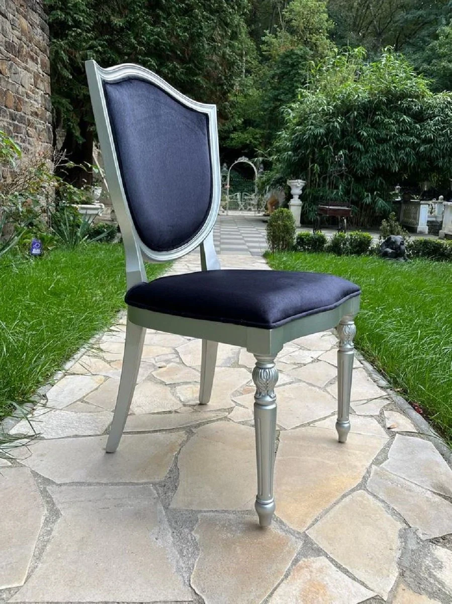 Luxury Art Deco velvet dining room chair dark blue / silver - Art Deco solid wood chair - Art Deco dining room furniture - Art Deco furniture - Art Deco furnishings - Luxury furniture in the Art Deco style